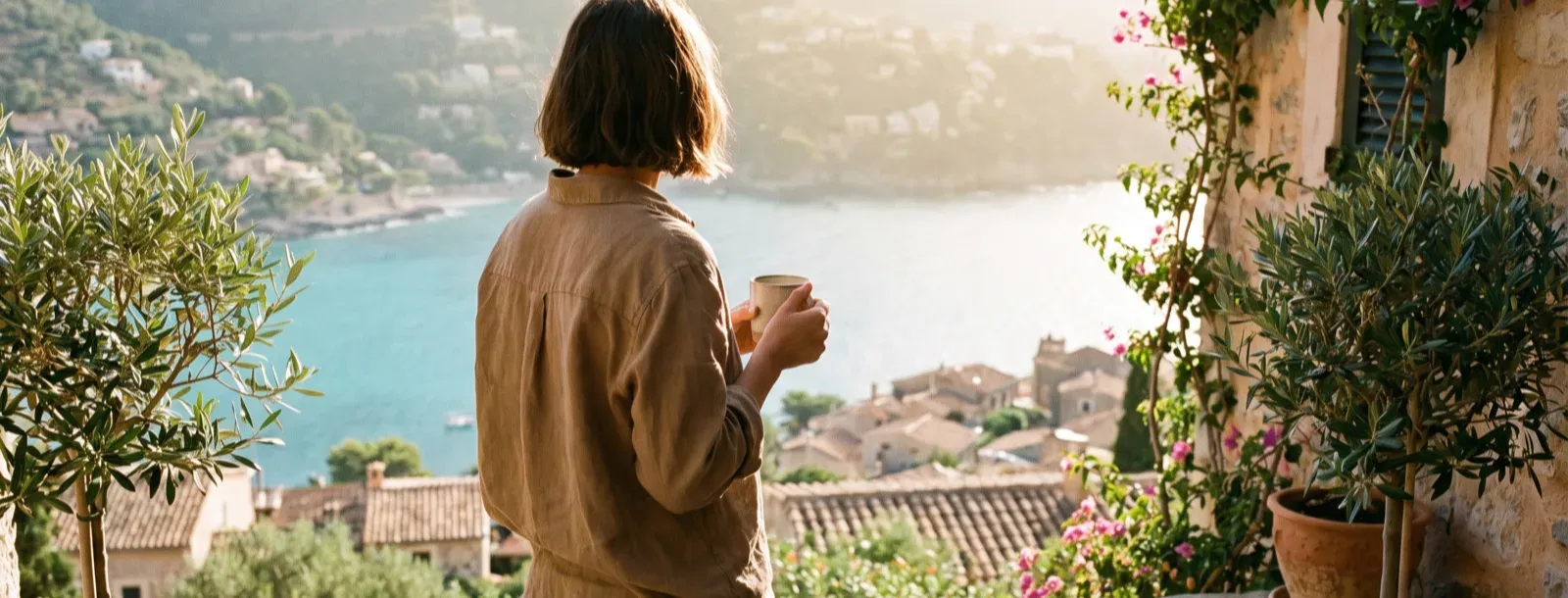 A person with a coffee on a stone terrace, looking over a turquoise bay and village rooftops at sunrise