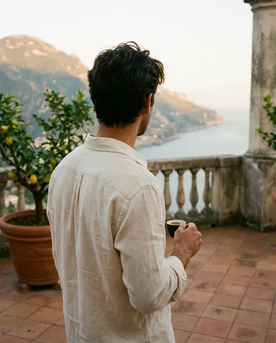 A man on a coastal terrace at dusk, espresso in hand, looking out over the sea