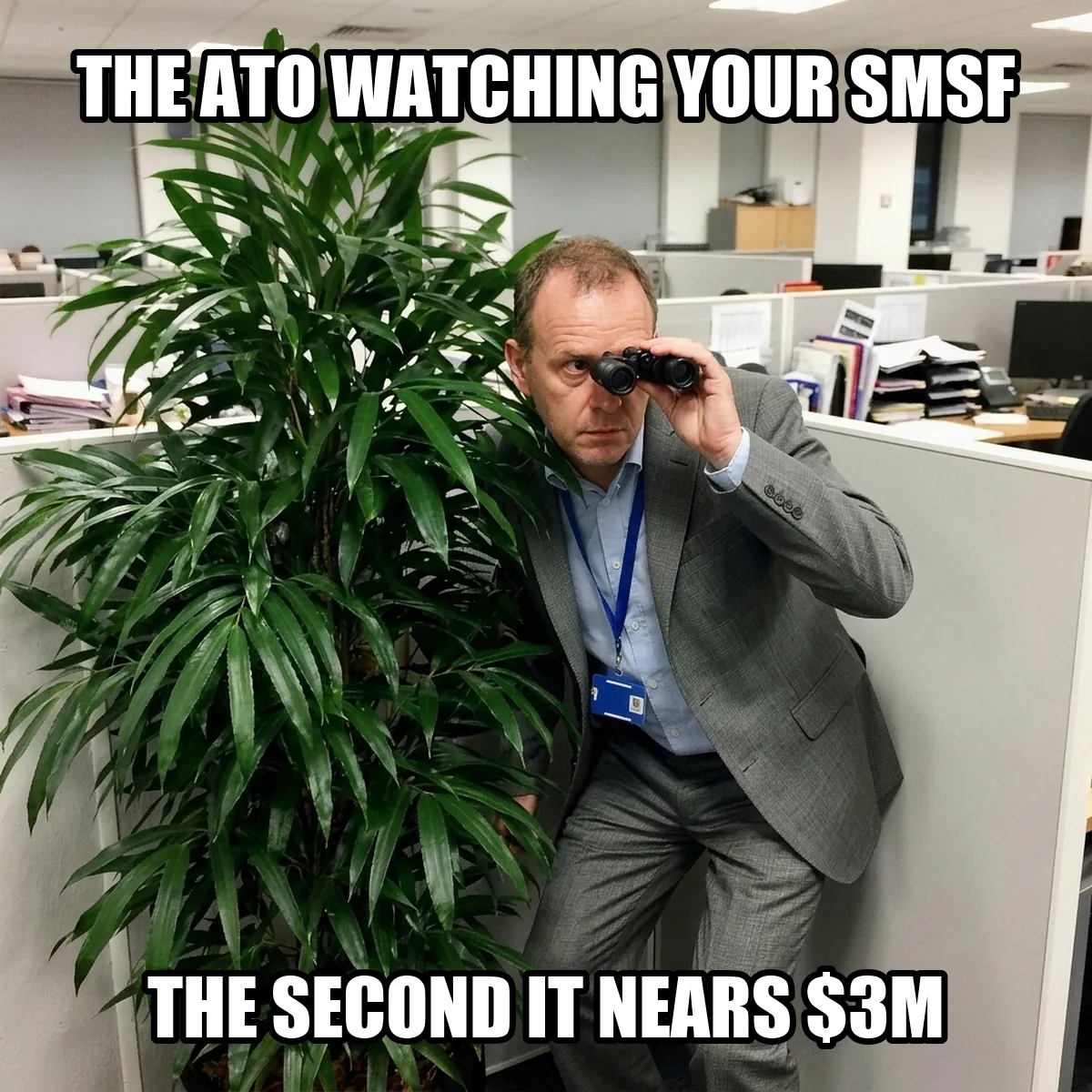 An ATO agent peering from behind an office plant, watching a crypto SMSF worth over $3 million.